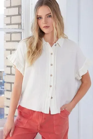 Hazel Blues® |  Mittoshop Mineral Washed Button Down Flounce Sleeve Shirt