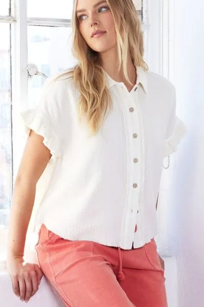 Hazel Blues® |  Mittoshop Mineral Washed Button Down Flounce Sleeve Shirt