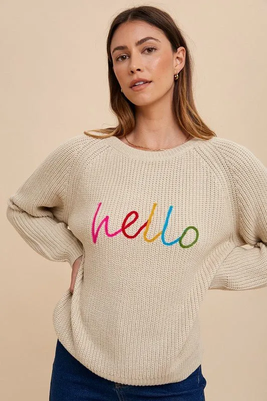 Hello Embroidered Raglan Sleeve Sweater