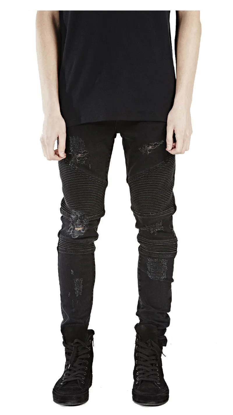 Hi-Street Mens Ripped Rider Biker Jeans Motorcycle Slim Fit Washed Black Grey Blue Moto Denim Pants Joggers For Skinny Men AY724