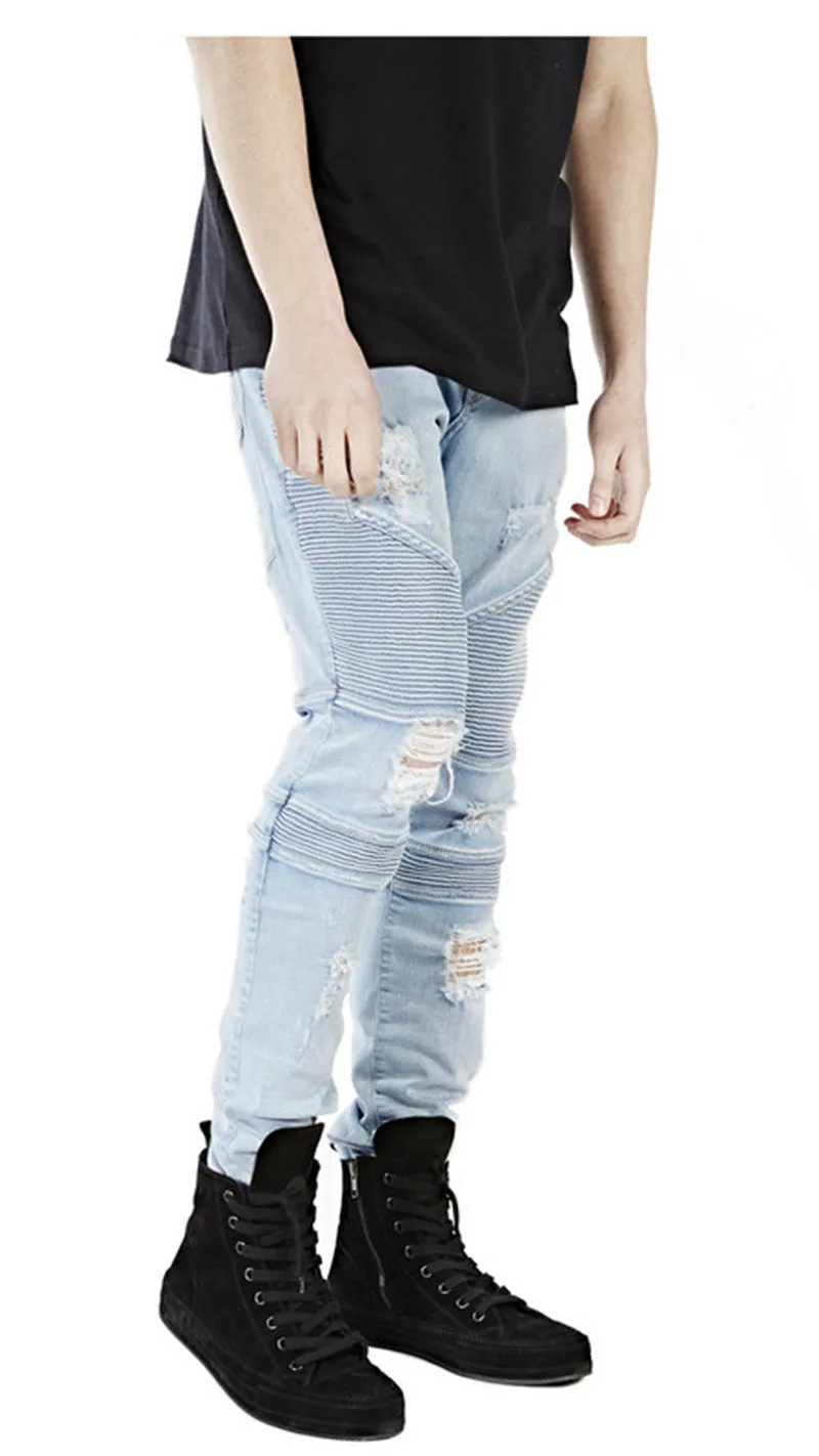 Hi-Street Mens Ripped Rider Biker Jeans Motorcycle Slim Fit Washed Black Grey Blue Moto Denim Pants Joggers For Skinny Men AY724