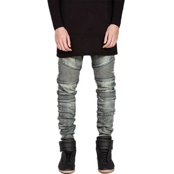 Hi-Street Mens Ripped Rider Biker Jeans Motorcycle Slim Fit Washed Black Grey Blue Moto Denim Pants Joggers For Skinny Men AY724