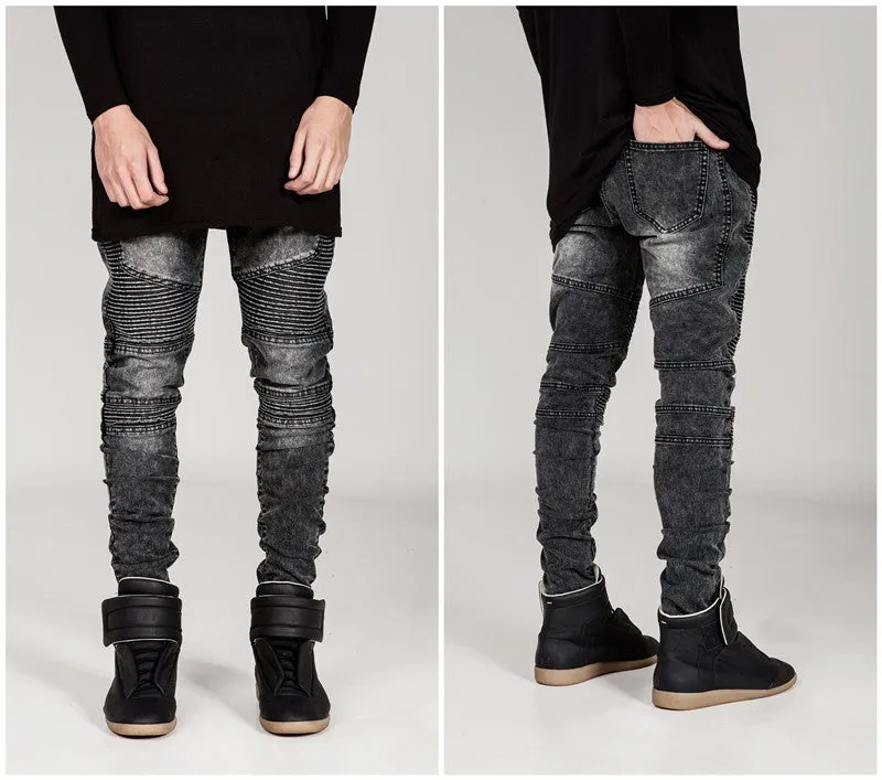 Hi-Street Mens Ripped Rider Biker Jeans Motorcycle Slim Fit Washed Black Grey Blue Moto Denim Pants Joggers For Skinny Men AY724