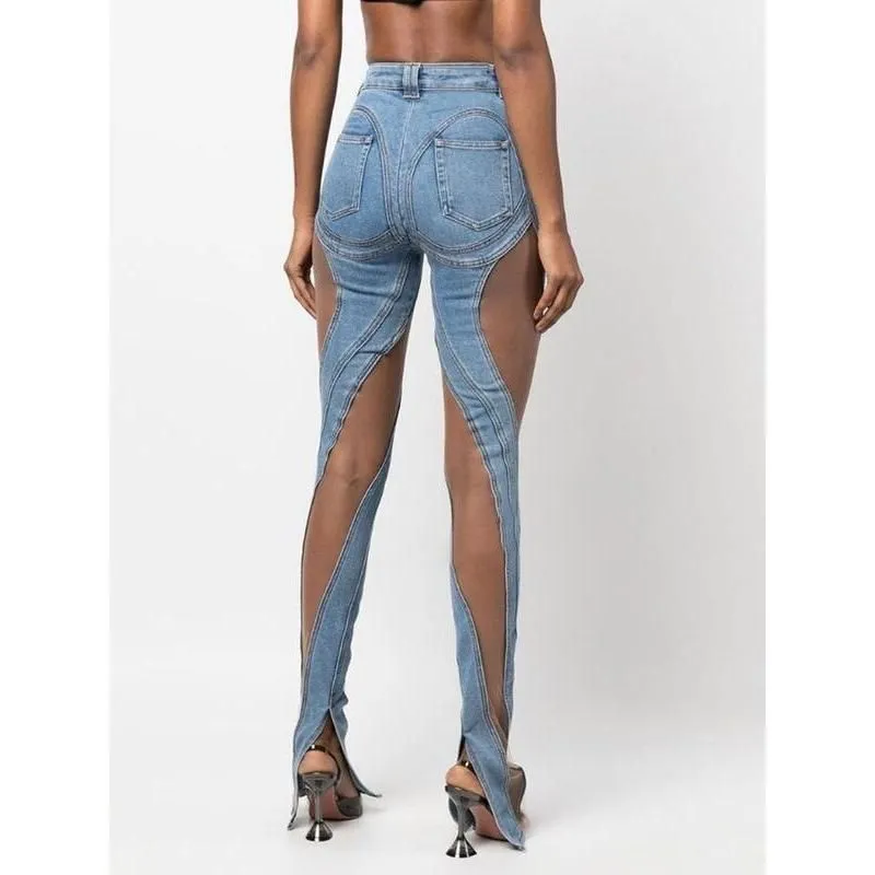 High Waist Sheer Mesh Patchwork Flare Denim Pants