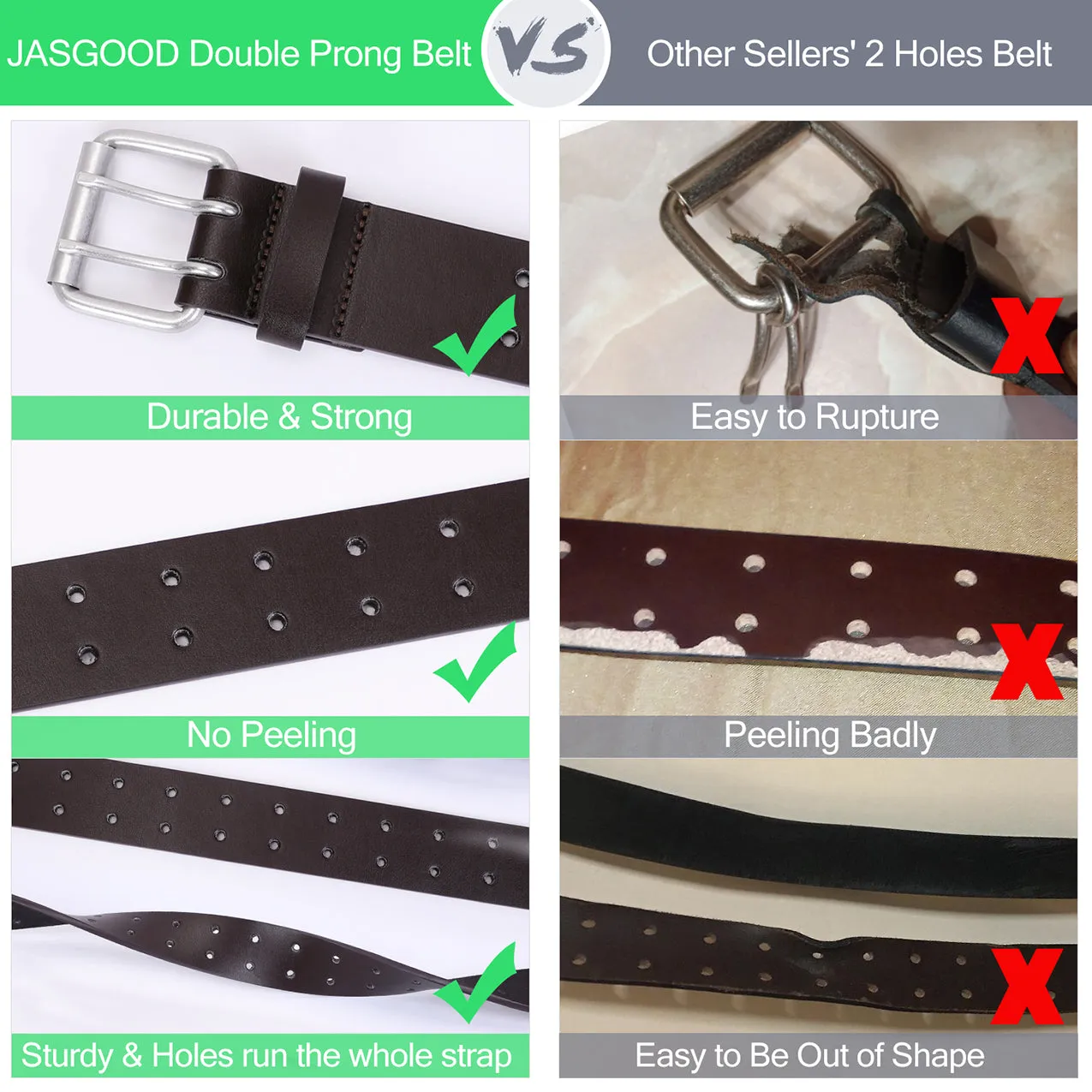 JASGOOD Double Prong Belt for Men,PU Leather Work Belts for Jeans,2 Hole Leather Belts for Men-Casual Leather Belt for Pants