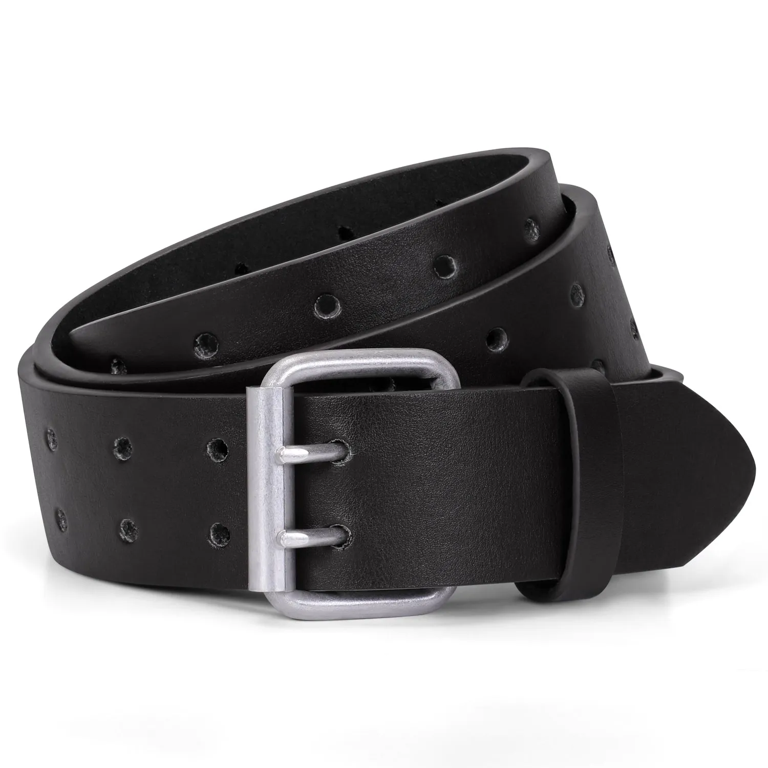 JASGOOD Double Prong Belt for Men,PU Leather Work Belts for Jeans,2 Hole Leather Belts for Men-Casual Leather Belt for Pants