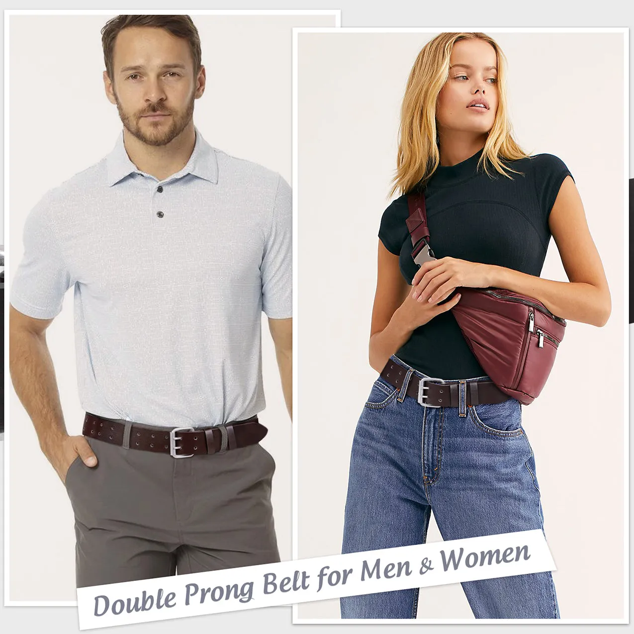 JASGOOD Double Prong Belt for Men,PU Leather Work Belts for Jeans,2 Hole Leather Belts for Men-Casual Leather Belt for Pants
