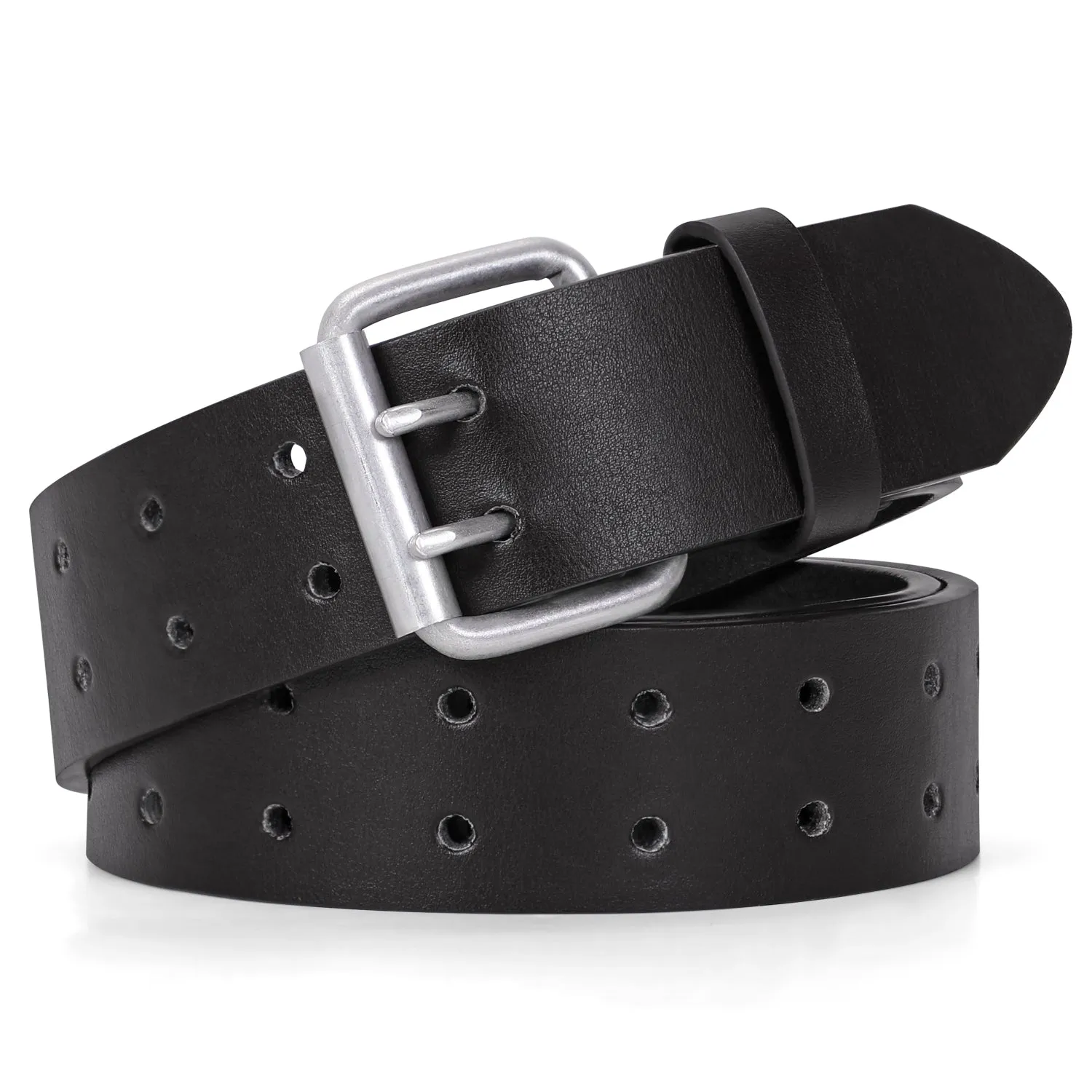 JASGOOD Double Prong Belt for Men,PU Leather Work Belts for Jeans,2 Hole Leather Belts for Men-Casual Leather Belt for Pants