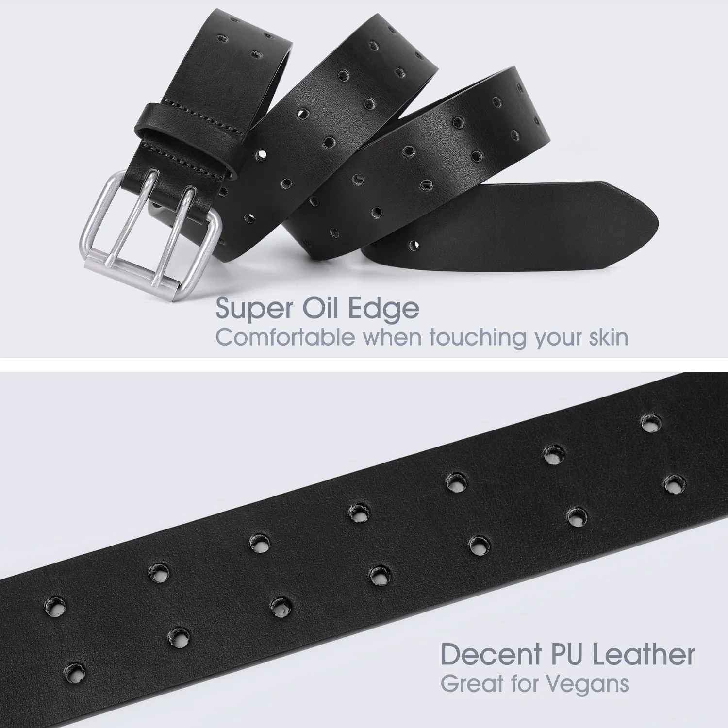 JASGOOD Double Prong Belt for Men,PU Leather Work Belts for Jeans,2 Hole Leather Belts for Men-Casual Leather Belt for Pants