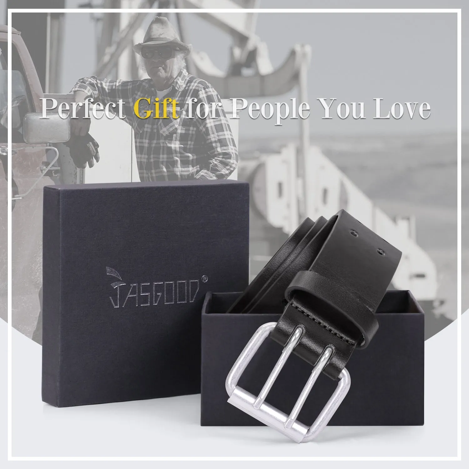 JASGOOD Double Prong Belt for Men,PU Leather Work Belts for Jeans,2 Hole Leather Belts for Men-Casual Leather Belt for Pants