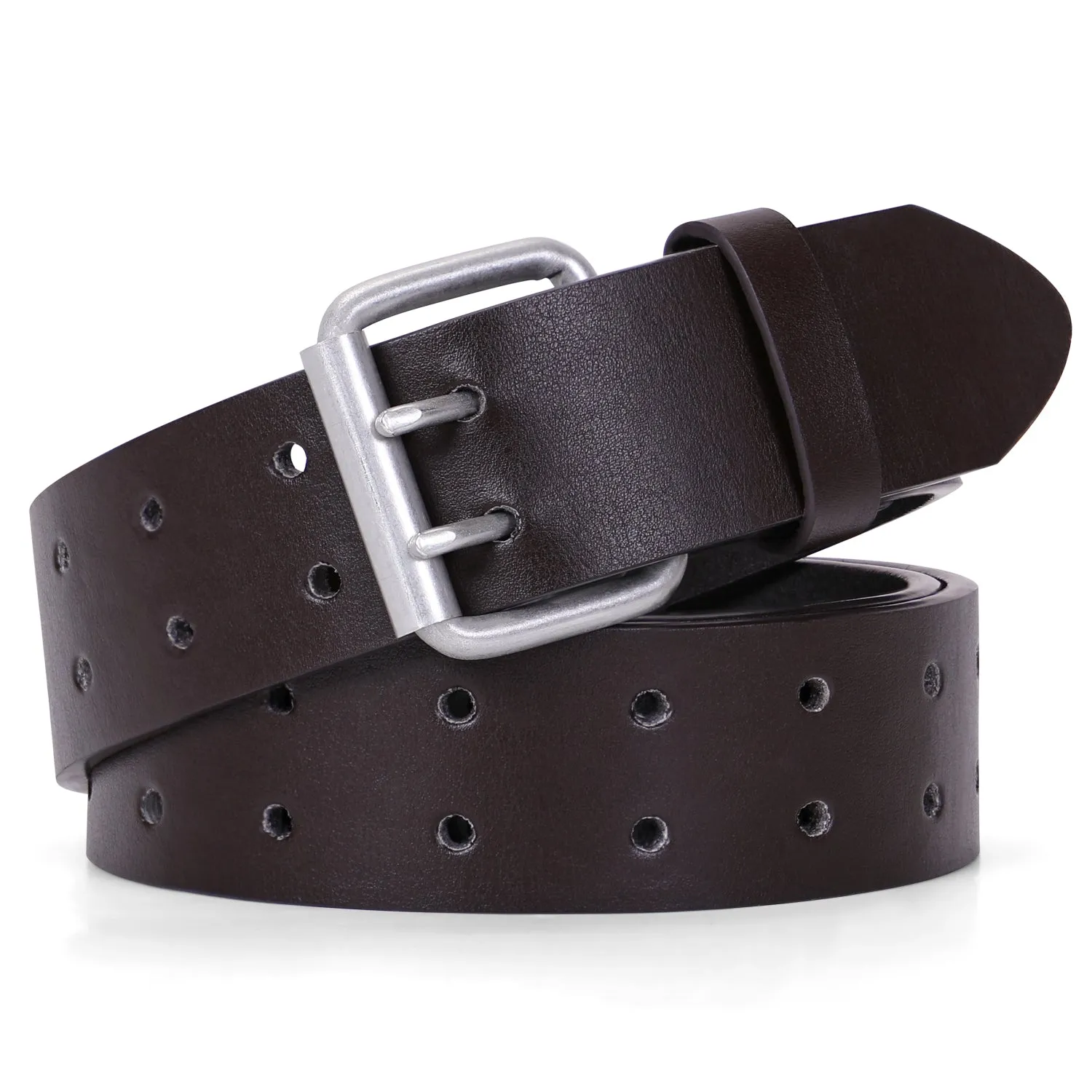 JASGOOD Double Prong Belt for Men,PU Leather Work Belts for Jeans,2 Hole Leather Belts for Men-Casual Leather Belt for Pants