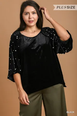 Jensen Velvet Round Neck Top with Pearl Accent Sleeve - Black
