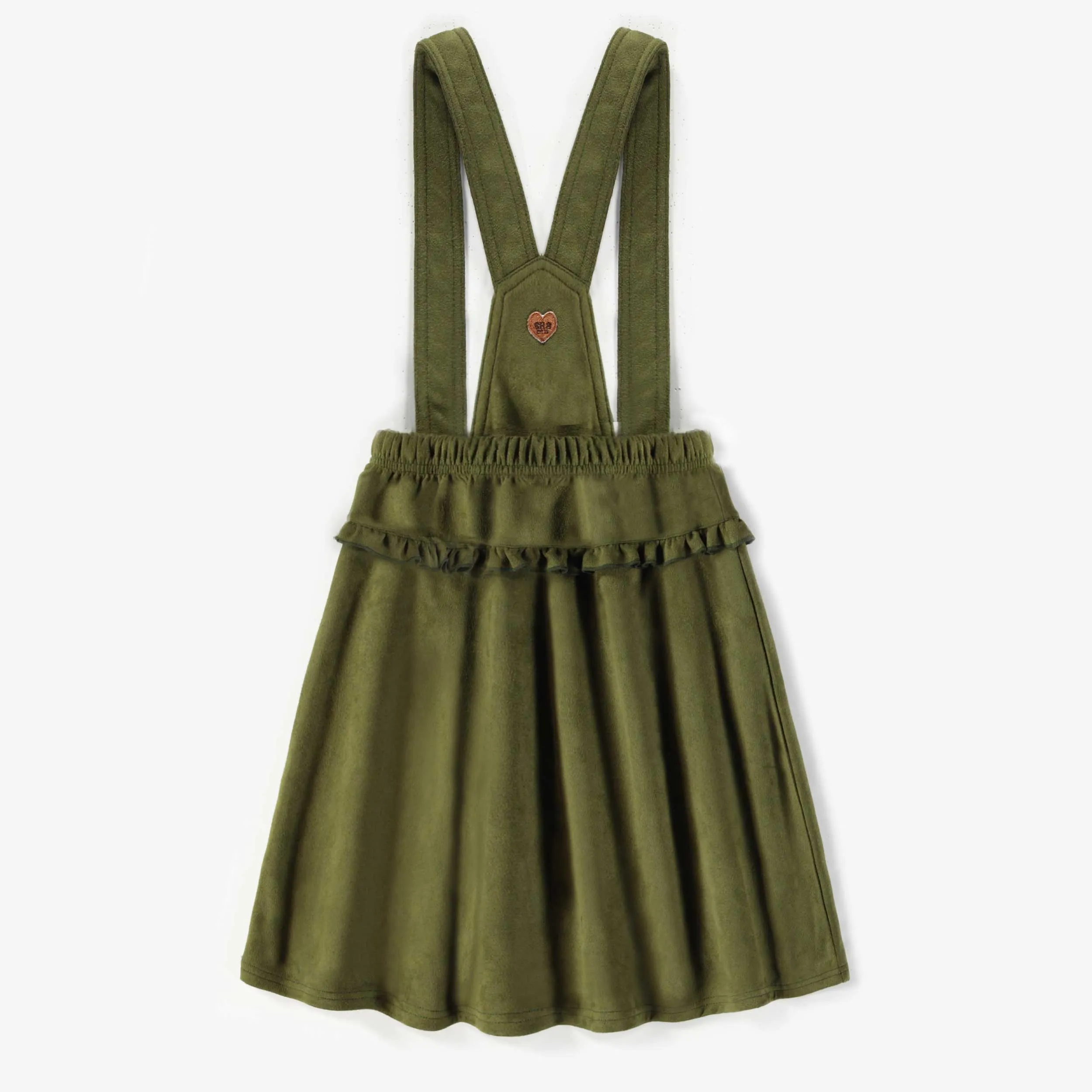 Jupe à bretelles verte en faux suède extensible, enfant || Green skirt with suspenders in stretchy faux suede, child