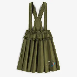 Jupe à bretelles verte en faux suède extensible, enfant || Green skirt with suspenders in stretchy faux suede, child