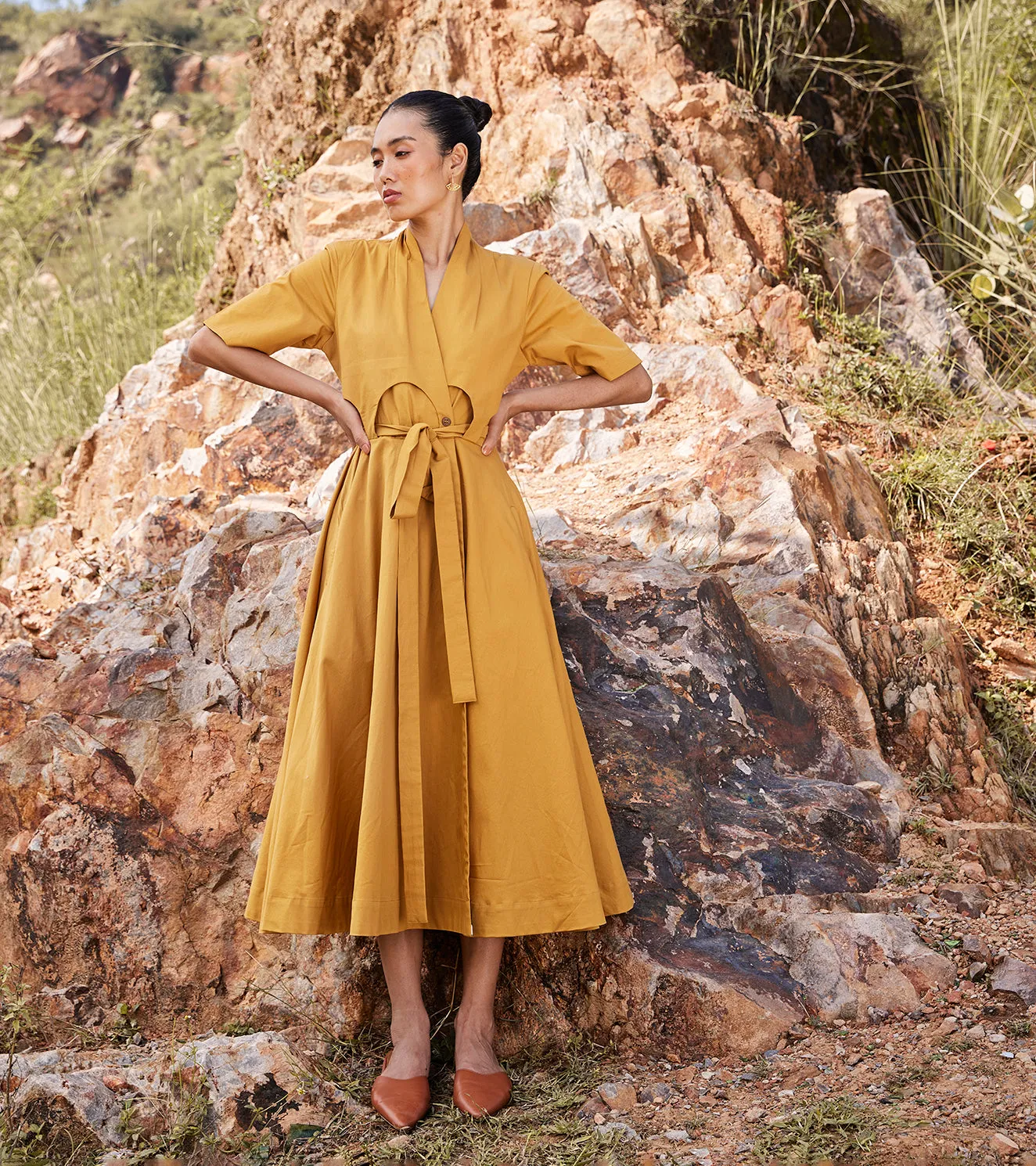 Khara Kapas Those Days Midi Dress Twill Weave Cotton  Mustard Yellow KW686
