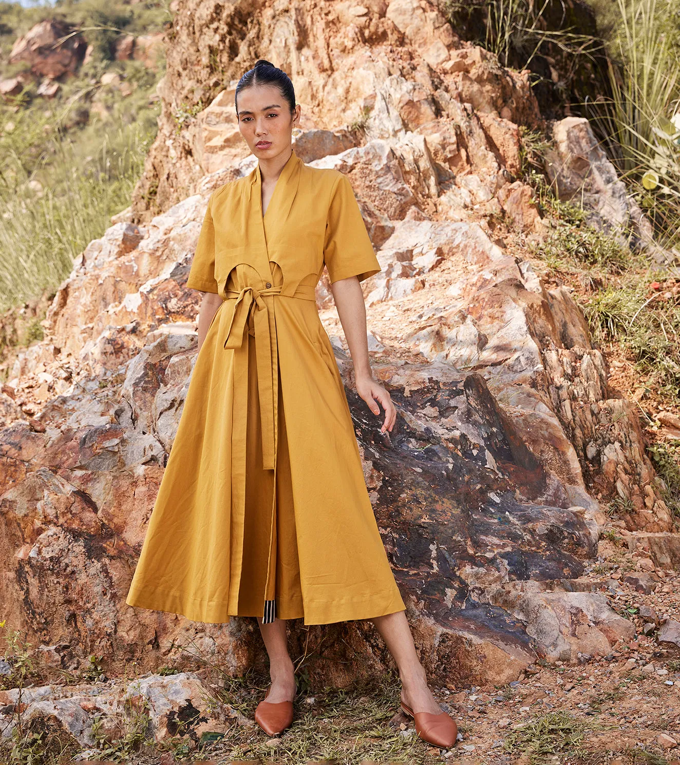 Khara Kapas Those Days Midi Dress Twill Weave Cotton  Mustard Yellow KW686