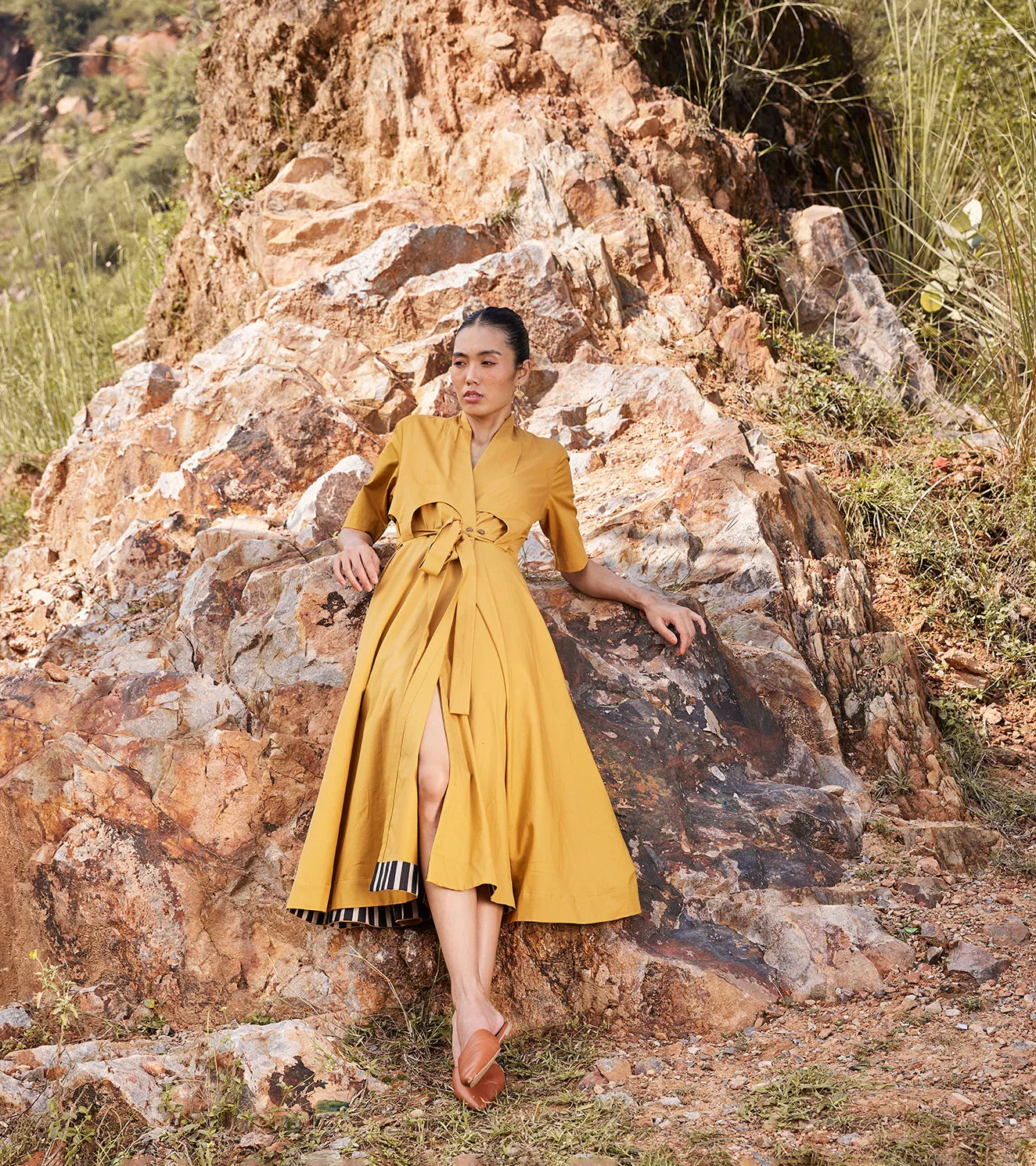 Khara Kapas Those Days Midi Dress Twill Weave Cotton  Mustard Yellow KW686