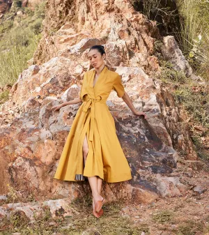 Khara Kapas Those Days Midi Dress Twill Weave Cotton  Mustard Yellow KW686