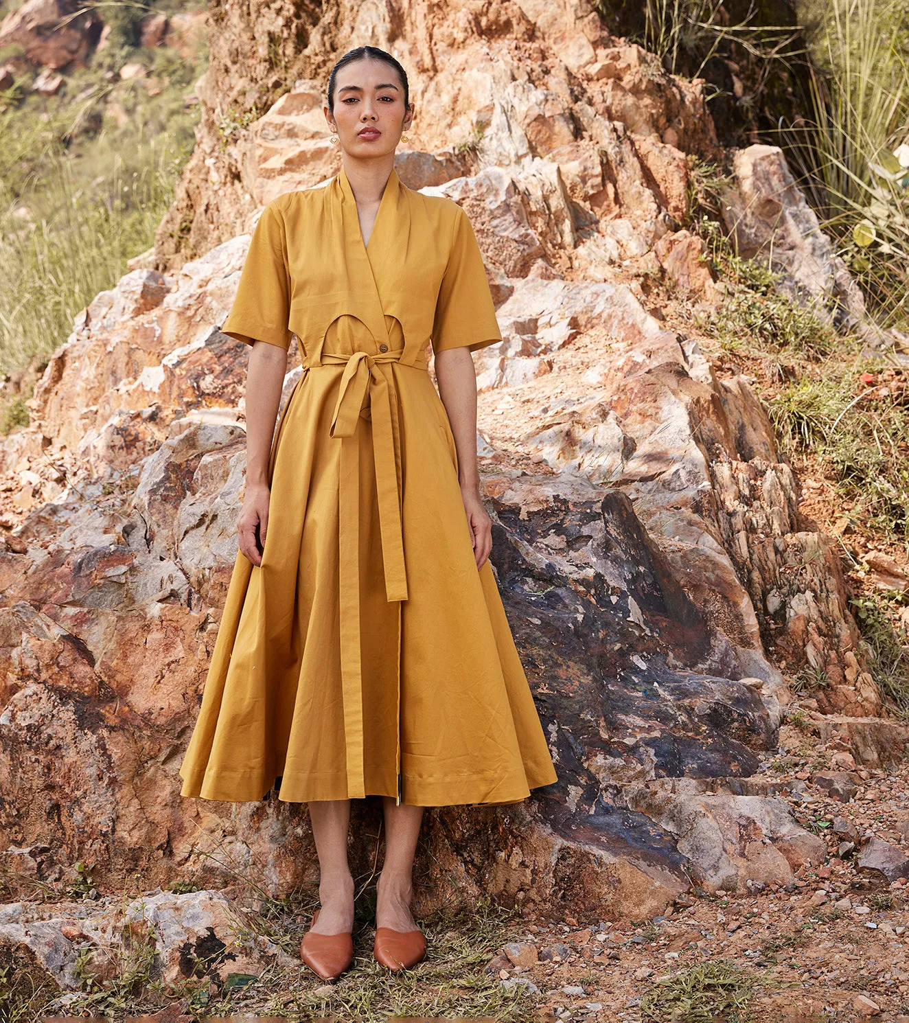 Khara Kapas Those Days Midi Dress Twill Weave Cotton  Mustard Yellow KW686