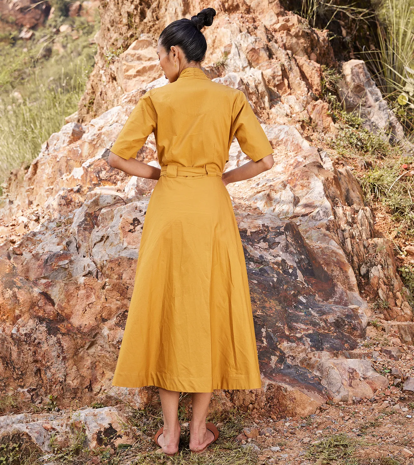 Khara Kapas Those Days Midi Dress Twill Weave Cotton  Mustard Yellow KW686