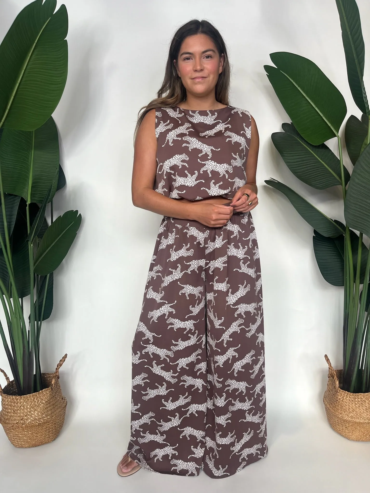 KLD Printed Wide Leg Animal Pant Mocha