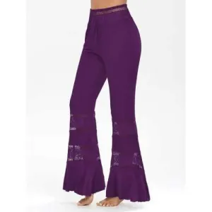 Lace Panel High Waist Tassel Flare Pants - Purple M