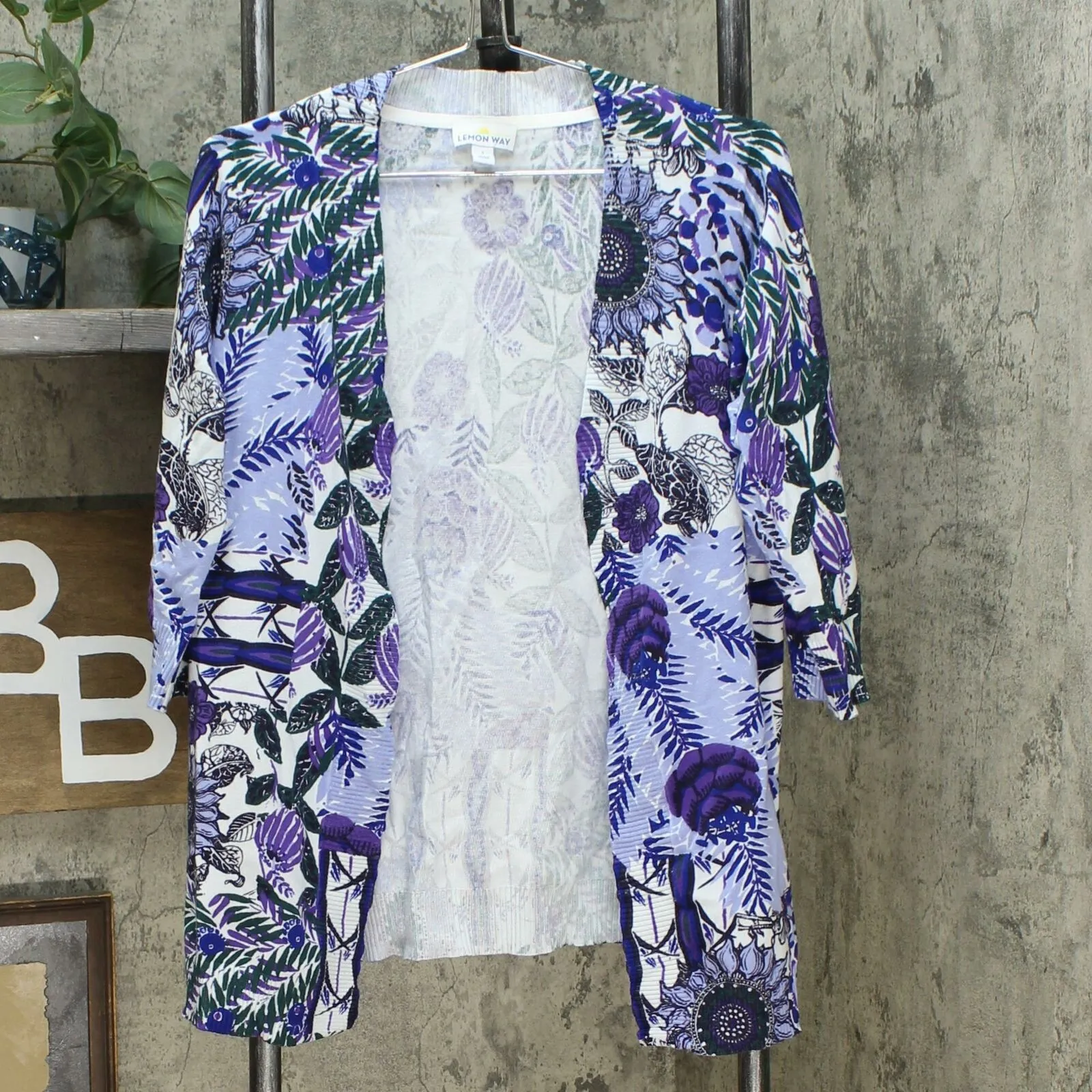Lemon Way Women's 3/4 Sleeve Printed Cardigan Blue Multi Small