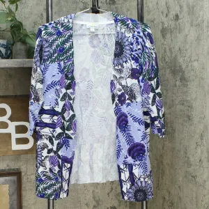 Lemon Way Women's 3/4 Sleeve Printed Cardigan Blue Multi Small