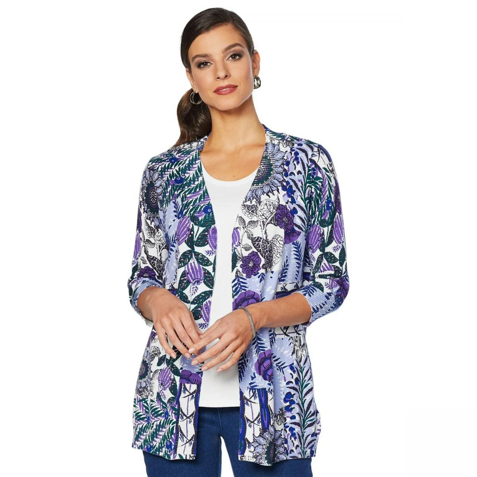 Lemon Way Women's 3/4 Sleeve Printed Cardigan Blue Multi Small