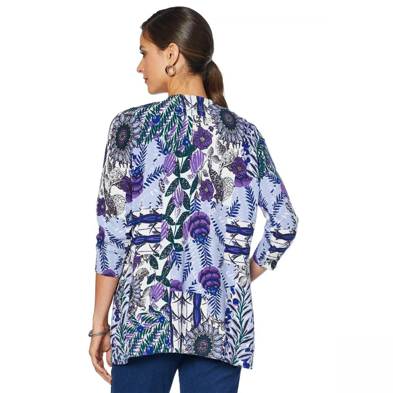 Lemon Way Women's 3/4 Sleeve Printed Cardigan Blue Multi Small