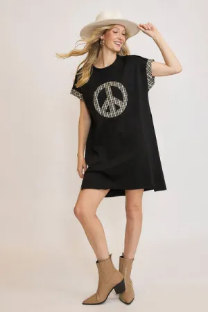 Let Peace Reign Plaid Applique Short Sleeve Mini Dress