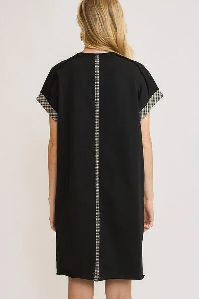 Let Peace Reign Plaid Applique Short Sleeve Mini Dress