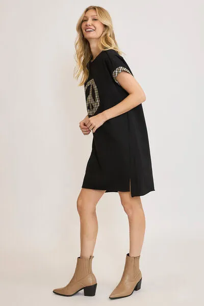 Let Peace Reign Plaid Applique Short Sleeve Mini Dress