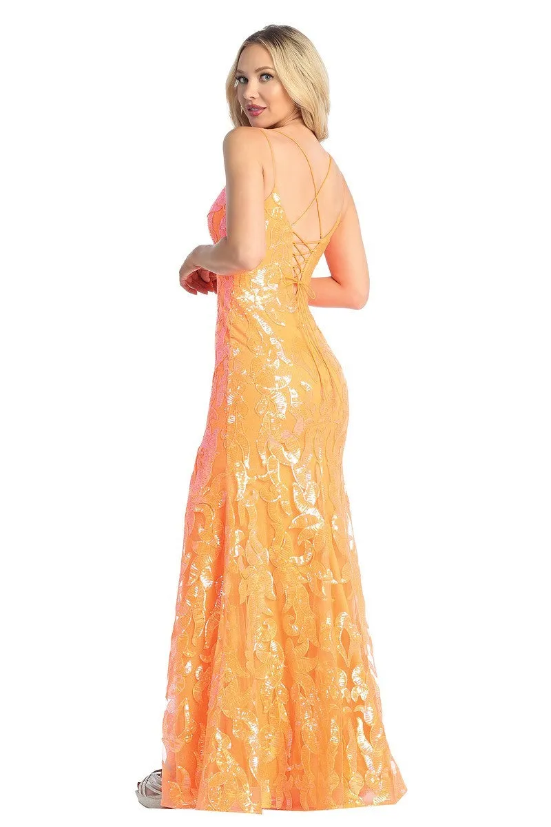 LF 7825 - Sequin Print Fit & Flare Prom Gown with V-Neck Leg Slit & Corset Back