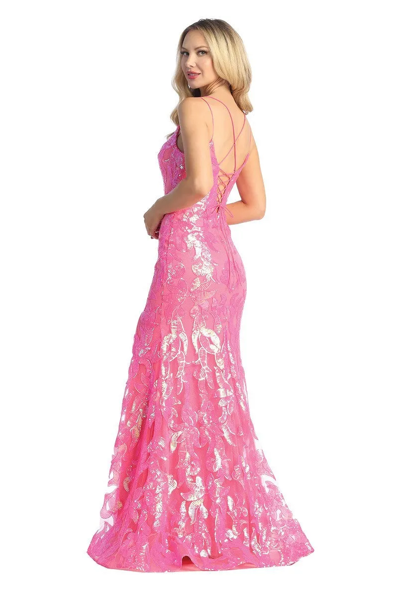 LF 7825 - Sequin Print Fit & Flare Prom Gown with V-Neck Leg Slit & Corset Back