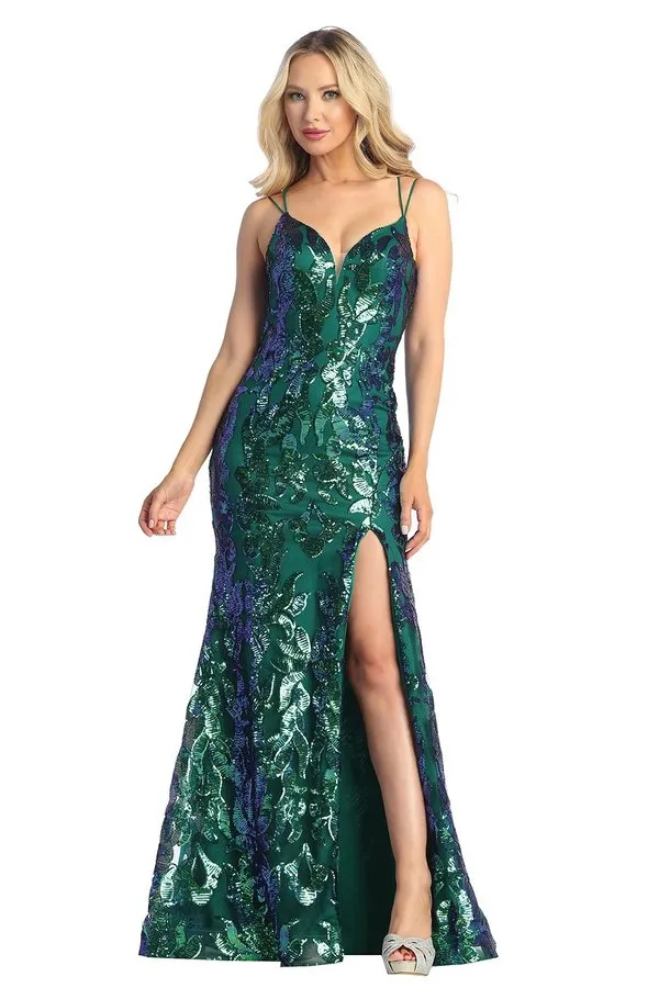 LF 7825 - Sequin Print Fit & Flare Prom Gown with V-Neck Leg Slit & Corset Back
