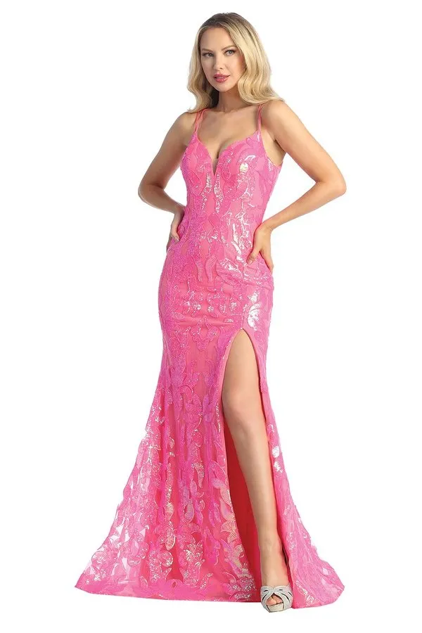 LF 7825 - Sequin Print Fit & Flare Prom Gown with V-Neck Leg Slit & Corset Back