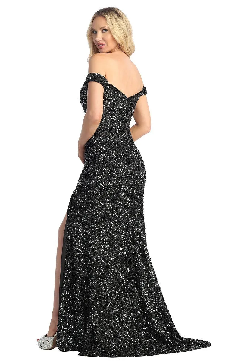 LF 7826 - Off the Shoulder Full Sequin Fit & Flare Prom Gown with Leg Slit