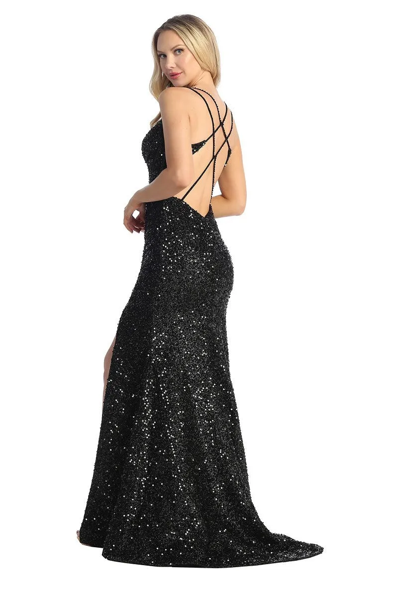 LF 7844 - Full Sequin Fit & Flare Prom Gown with Boned Bodice Leg Slit & Strappy Open Back
