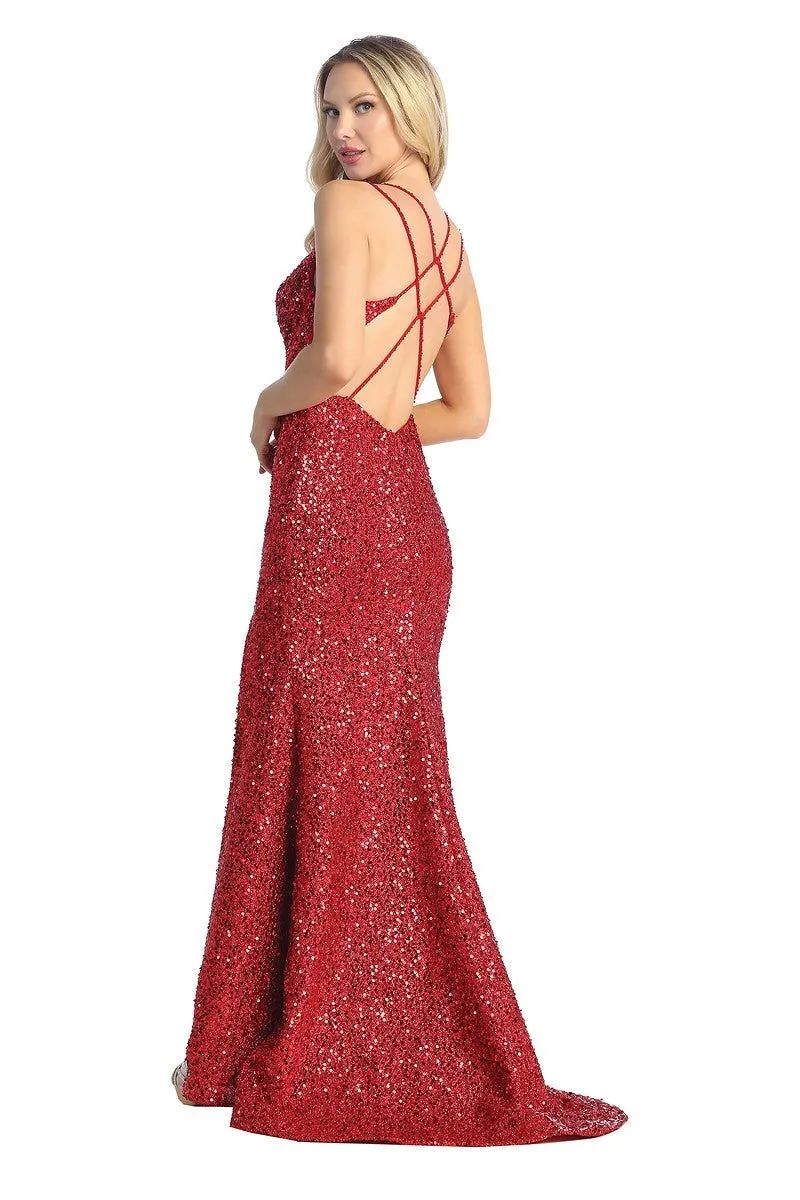 LF 7844 - Full Sequin Fit & Flare Prom Gown with Boned Bodice Leg Slit & Strappy Open Back