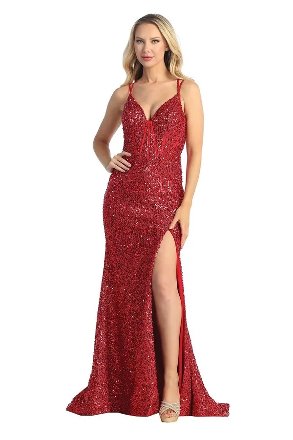 LF 7844 - Full Sequin Fit & Flare Prom Gown with Boned Bodice Leg Slit & Strappy Open Back