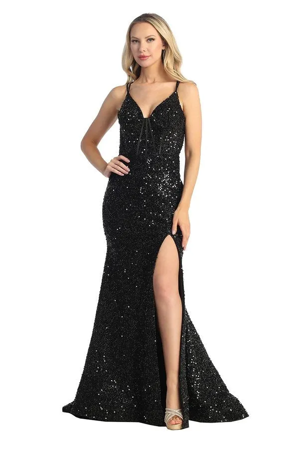 LF 7844 - Full Sequin Fit & Flare Prom Gown with Boned Bodice Leg Slit & Strappy Open Back