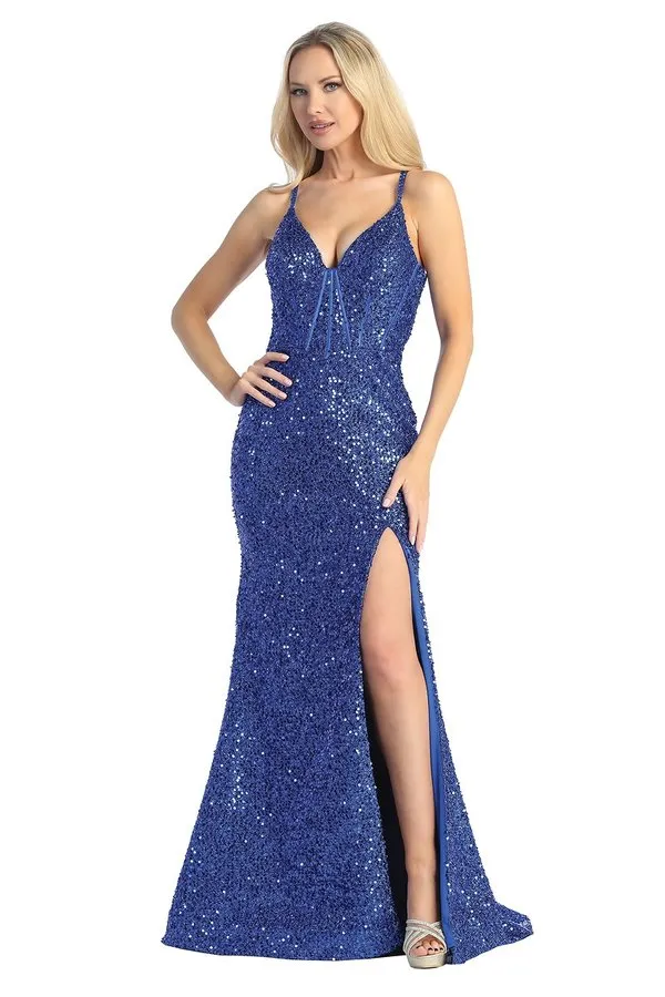 LF 7844 - Full Sequin Fit & Flare Prom Gown with Boned Bodice Leg Slit & Strappy Open Back