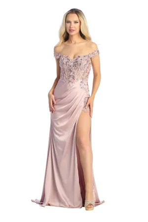 LF 7852 - Off the Shoulder Fit & Flare Prom Gown with Sheer Beaded Boned Corset Bodice & Leg Slit