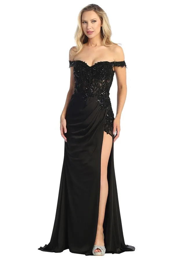 LF 7852 - Off the Shoulder Fit & Flare Prom Gown with Sheer Beaded Boned Corset Bodice & Leg Slit