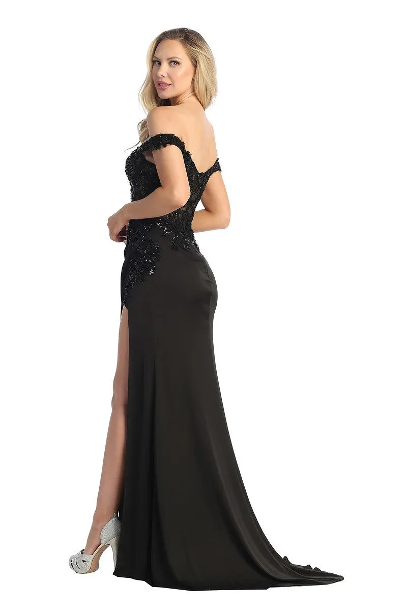 LF 7852 - Off the Shoulder Fit & Flare Prom Gown with Sheer Beaded Boned Corset Bodice & Leg Slit