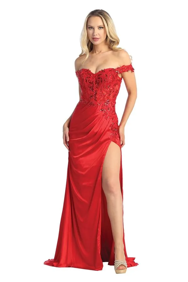 LF 7852 - Off the Shoulder Fit & Flare Prom Gown with Sheer Beaded Boned Corset Bodice & Leg Slit