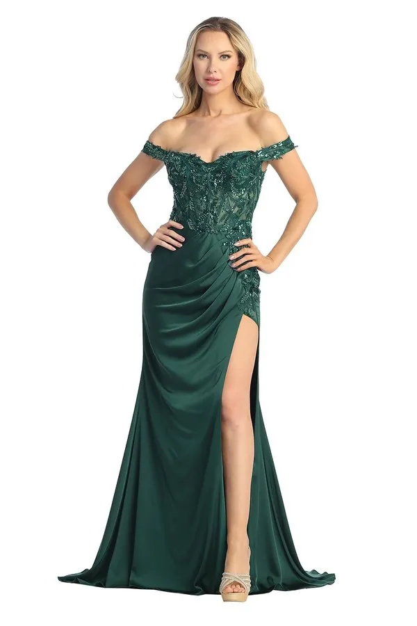 LF 7852 - Off the Shoulder Fit & Flare Prom Gown with Sheer Beaded Boned Corset Bodice & Leg Slit