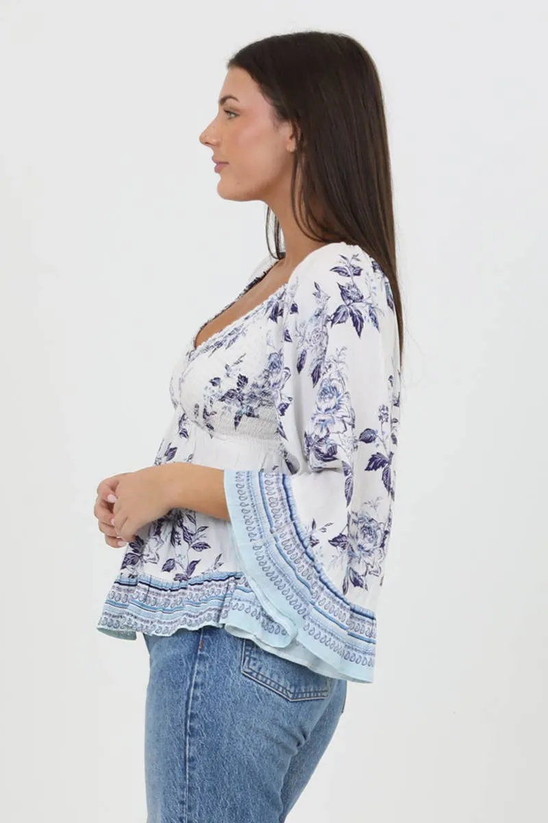 Long Flare Sleeve Smocked Top