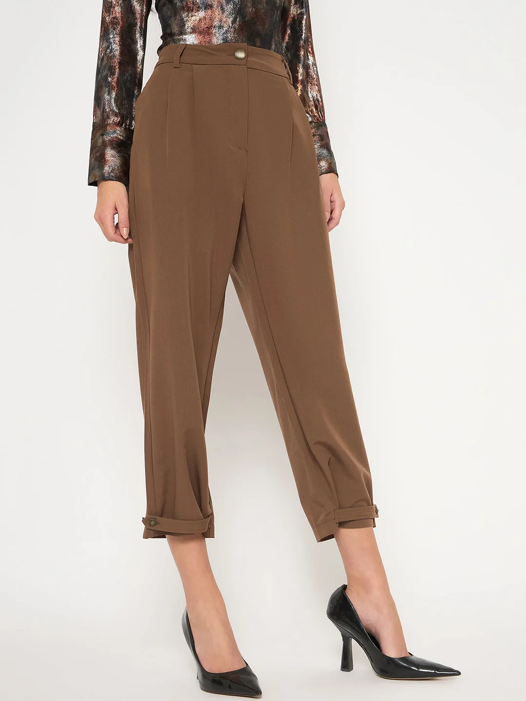 Madame Buckled Hem Warm Tan Rayon Blend Trousers